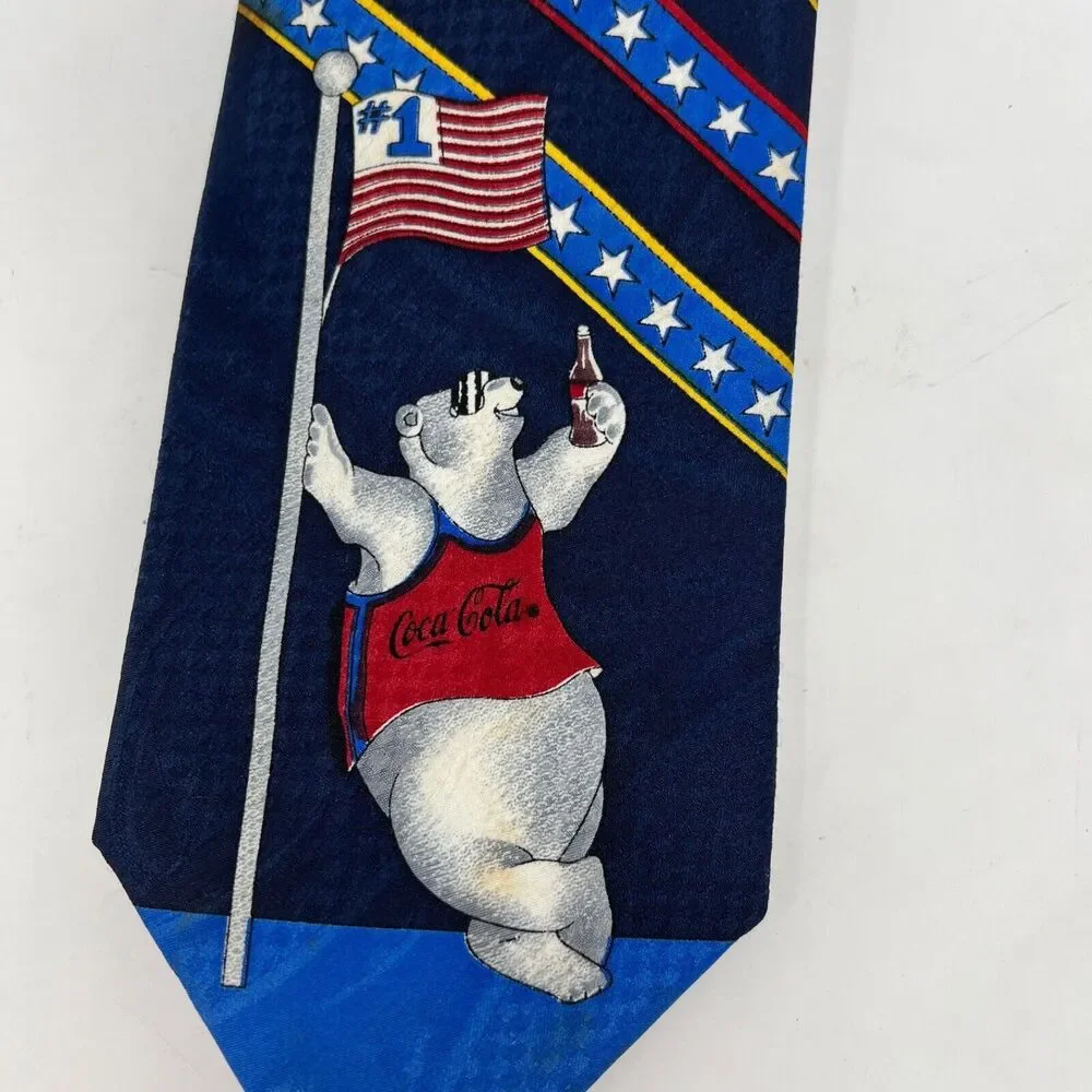 Vintage Coca Cola Polar Bear American Flag Mens Necktie Tie